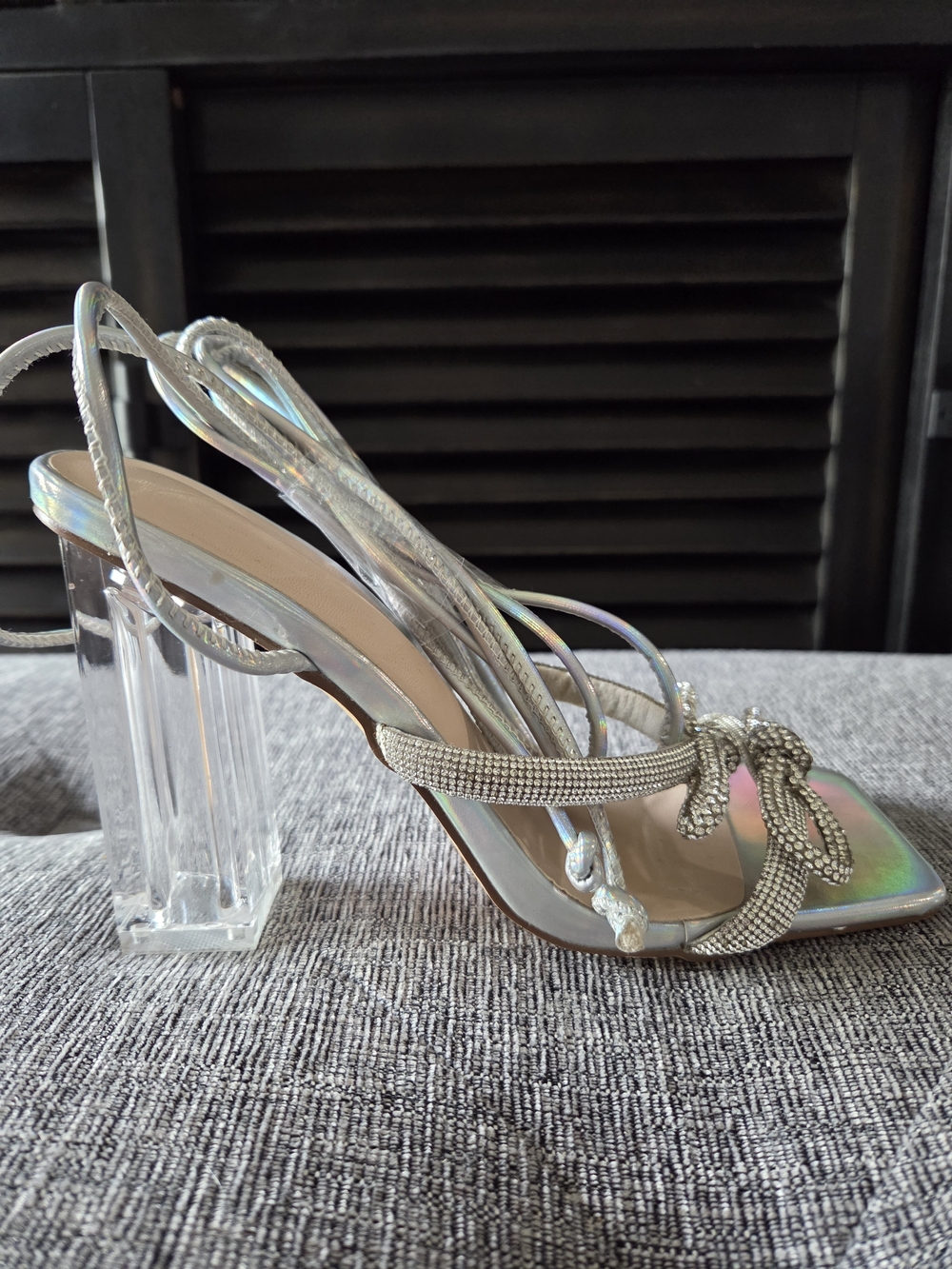 Silver Lace Up Strappy Double Bowknots Clear Block Heels Square Toe Size 6